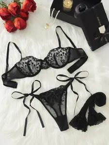 Women's Embroidery Lace Sexy Lingerie Set, Push Up Bra & Thong & Garter Belt & Stockings, Underwear Sets Lingerie Set for Women sexy  dormir elegante cool girl outfits