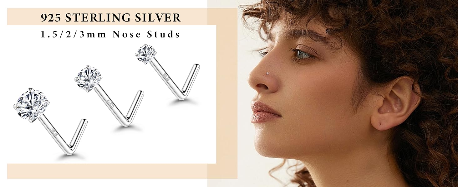 MILACOLATO 925 Sterling Silver Nose Studs, 18G 20G L Shaped Nose Rings,  CZ Hypoallergenic Nose Piercings for Women Men 1.5 2 3MM
