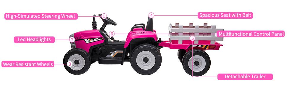 Garvee 12V Electric Ride-On Tractor with Detachable Trailer, Remote Control, 7 LED Headlights, Music & USB Port, 2+1 Gear Shift, Durable Treaded or EVA Tires, Suitable for Ages 3-6, Multiple Colors