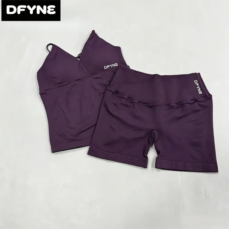 DFYNE 2 Piece Seamless Workout Set for Women| Crossover V-Waist Booty Shorts & Multi-Strap Crisscross Sports Bra| Yoga Gym Matching Outfit