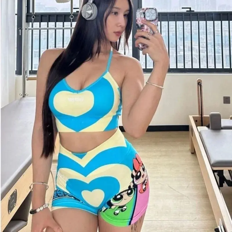 New The Powerpuff Girls Blossom Bubbles anime peripheral cartoon love print girls summer fitness yoga high-looking set birthday