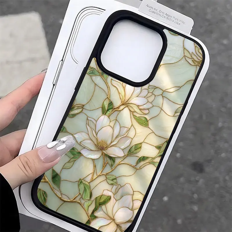 Stained Glass White Magnolia Phone Case, Elegant Art Style, for iPhone 17 16 15 14 13 12 11 Plus Pro Max, Exquisite Gift For Art & Flower Admirers