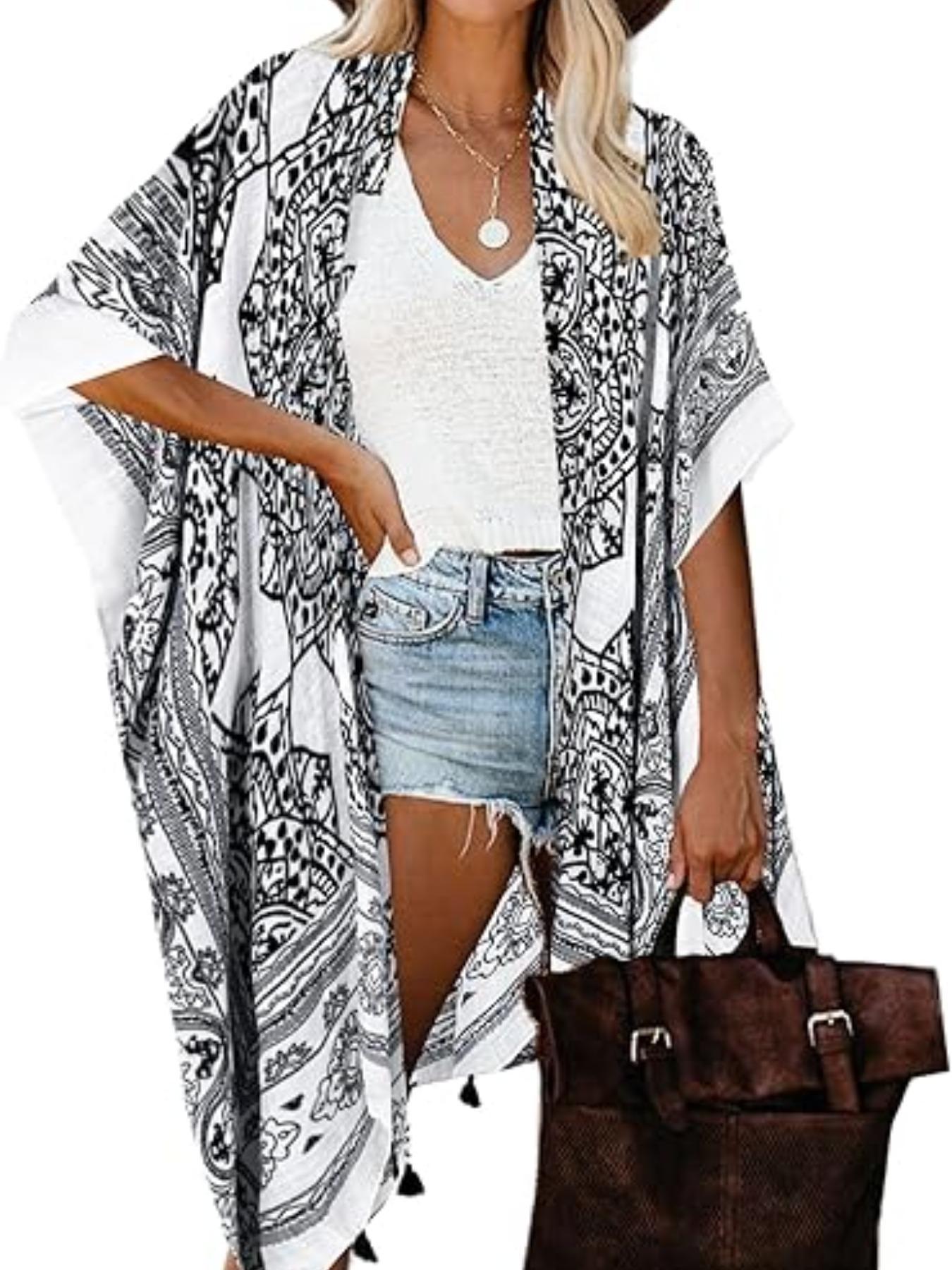 Women's Ethnic Pattern Fringe Trim Kimono Cover Up, Boho Batwing Sleeve Open Front Cover Up, Ladies Summer Clothes for Beach Holiday Vacation, Beach Cover Ups, Swimsuit Cover Ups