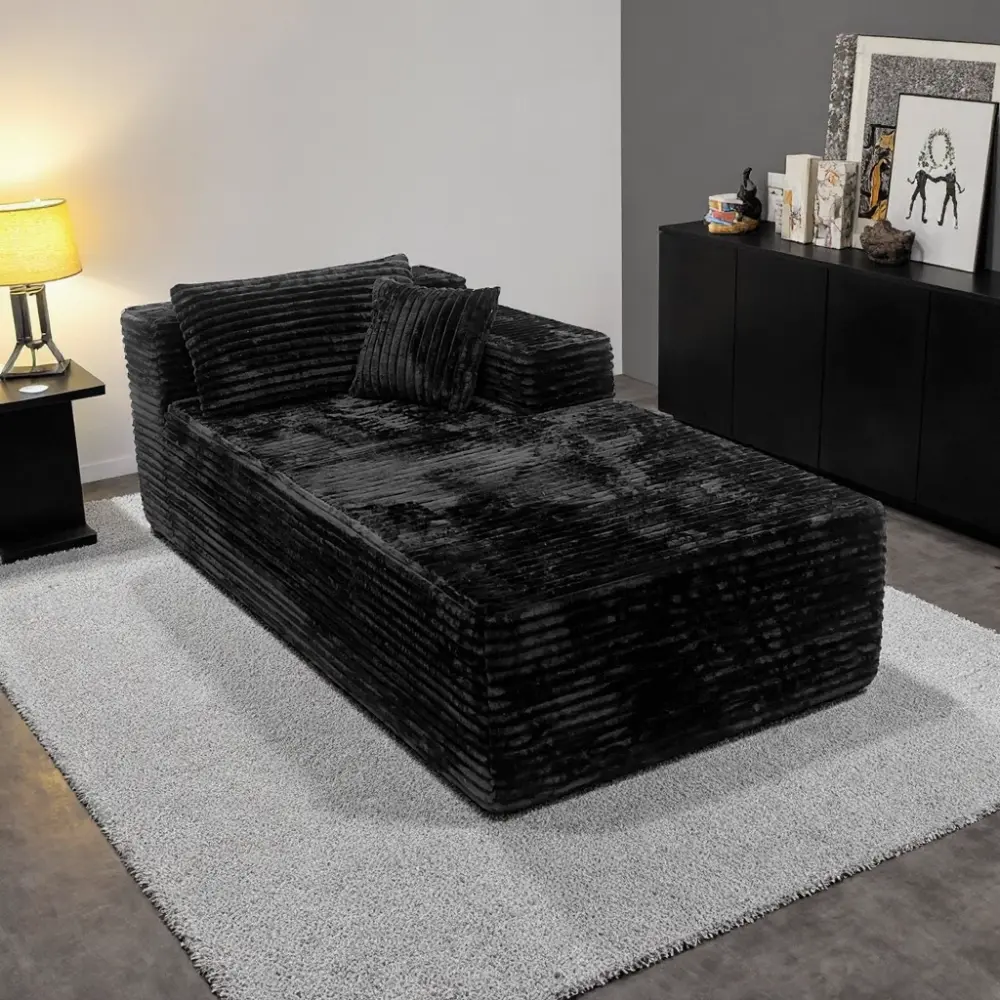Black Vertical Ribbed Corduroy Chaise Lounge Sofa, Oversized Modular Block Daybed with 2 Decor Pillows, Soft Plush Free Combine Sectional Ottoman Module, Indoor Lazy Recliner Couch for Living Room Bedroom Apartment Small Space