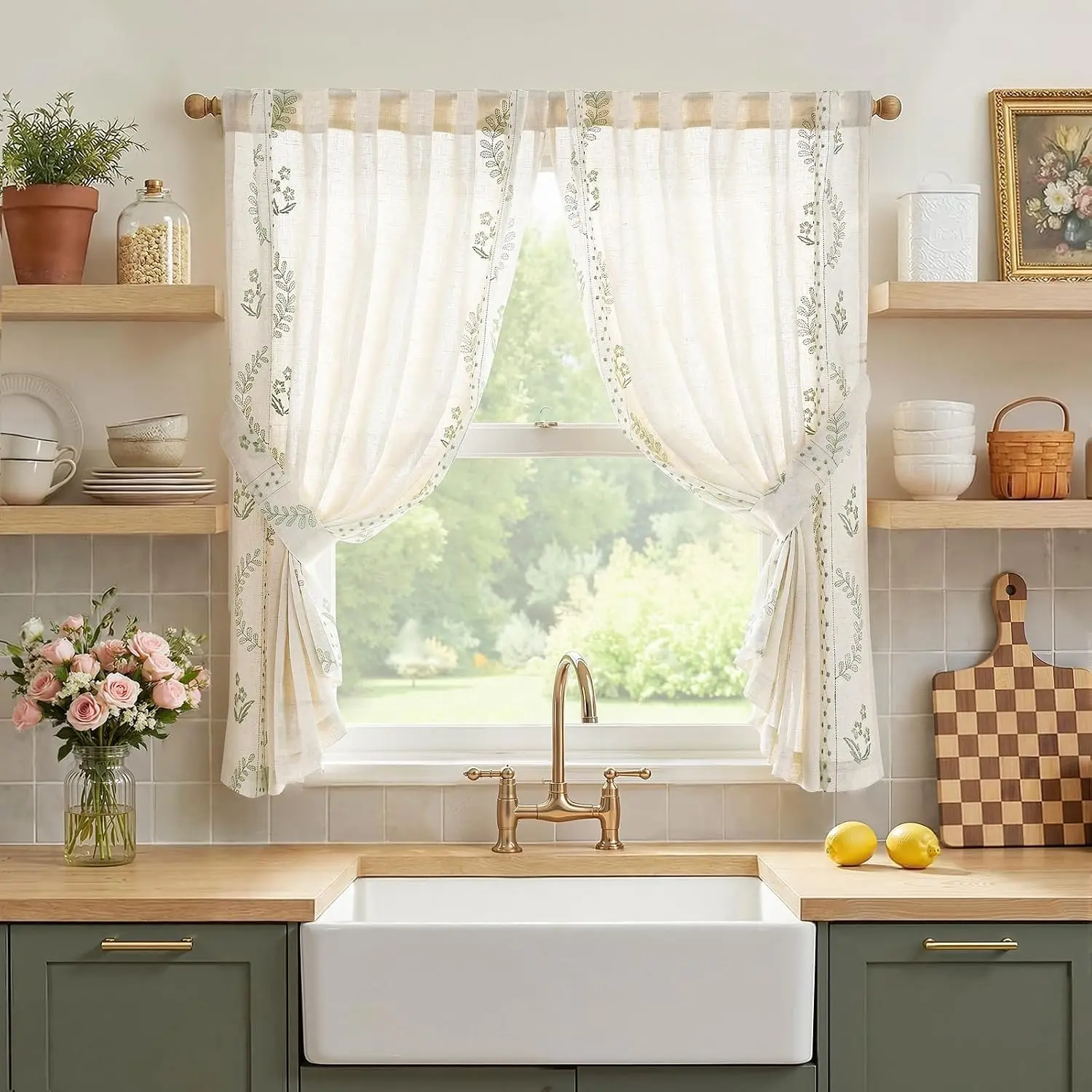 jinchan Green Floral Linen Kitchen Tier Curtains 45 Inch 2 Panels, Back Tab Rod Pocket Embroidered Light Filtering Cafe Curtains for Small Window Bathroom Laundry Cottage Farmhouse