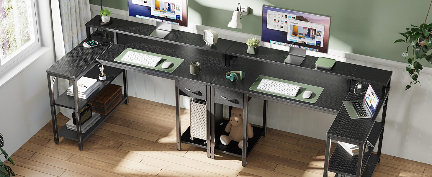 47 inch L Shaped Gaming Desk with LED Lights & Power Outlets, Reversible Computer Desk with Shelves & Monitor Stand, Corner Desk with Drawer, for Home & Office, Black