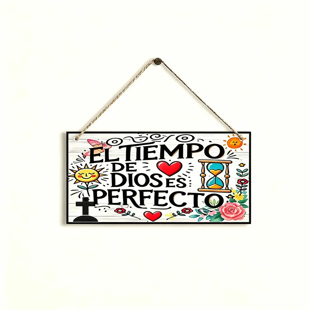 Wooden Hanging Sign, 1 Count Cartoon & Letter Pattern Spanish Sign, Decorative Wall Sign, Wall Art Decor for Coffee Bar Door Garden Fence Outdoor Holiday, Hangable, Home Decor