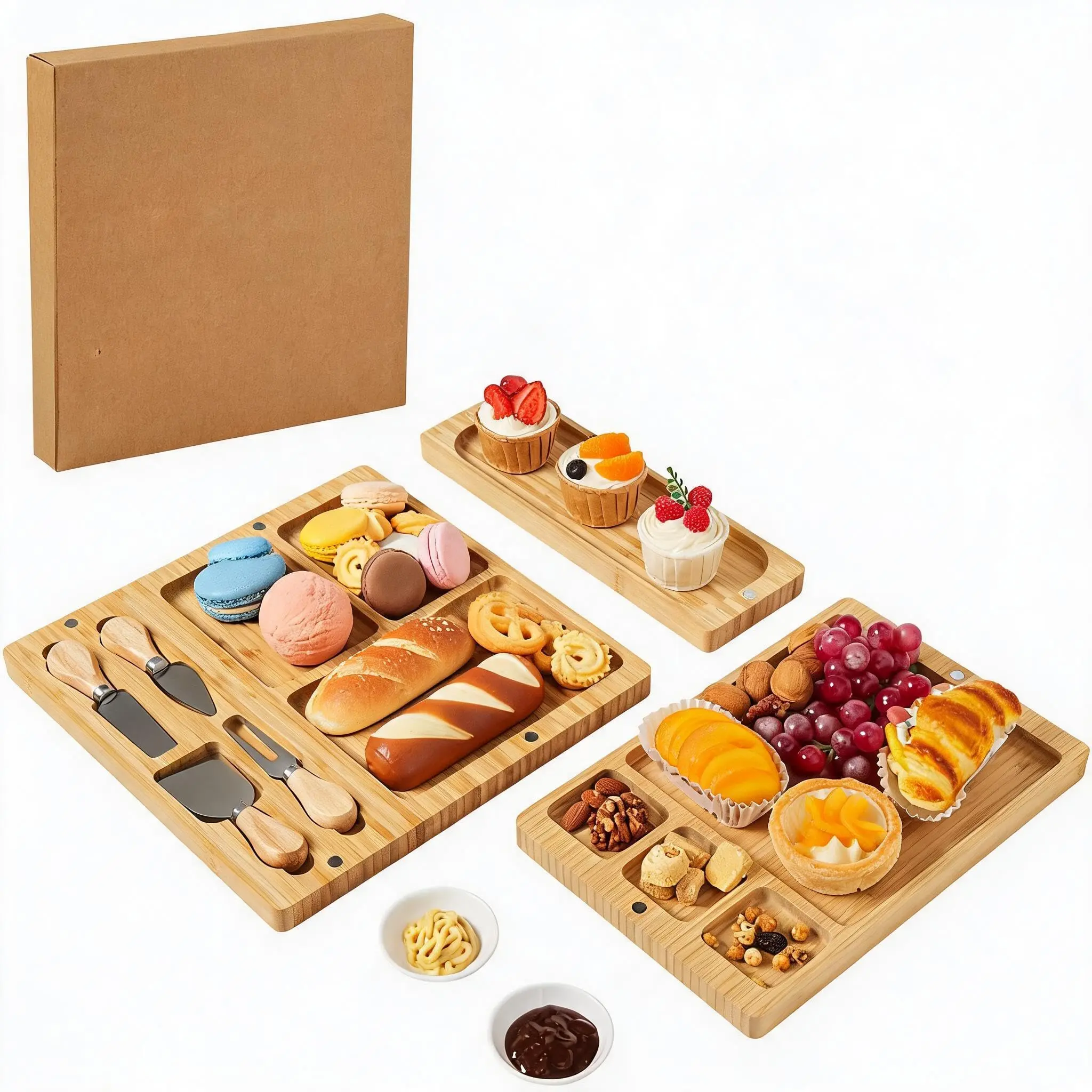 Garvee 3-in-1 Magnetic Bamboo Charcuterie Set with Knives and 2 Ceramic Bowls – Perfect for Cheese, Meats, and Appetizers – Ideal Gift for Weddings, Home, and Valentine's Day