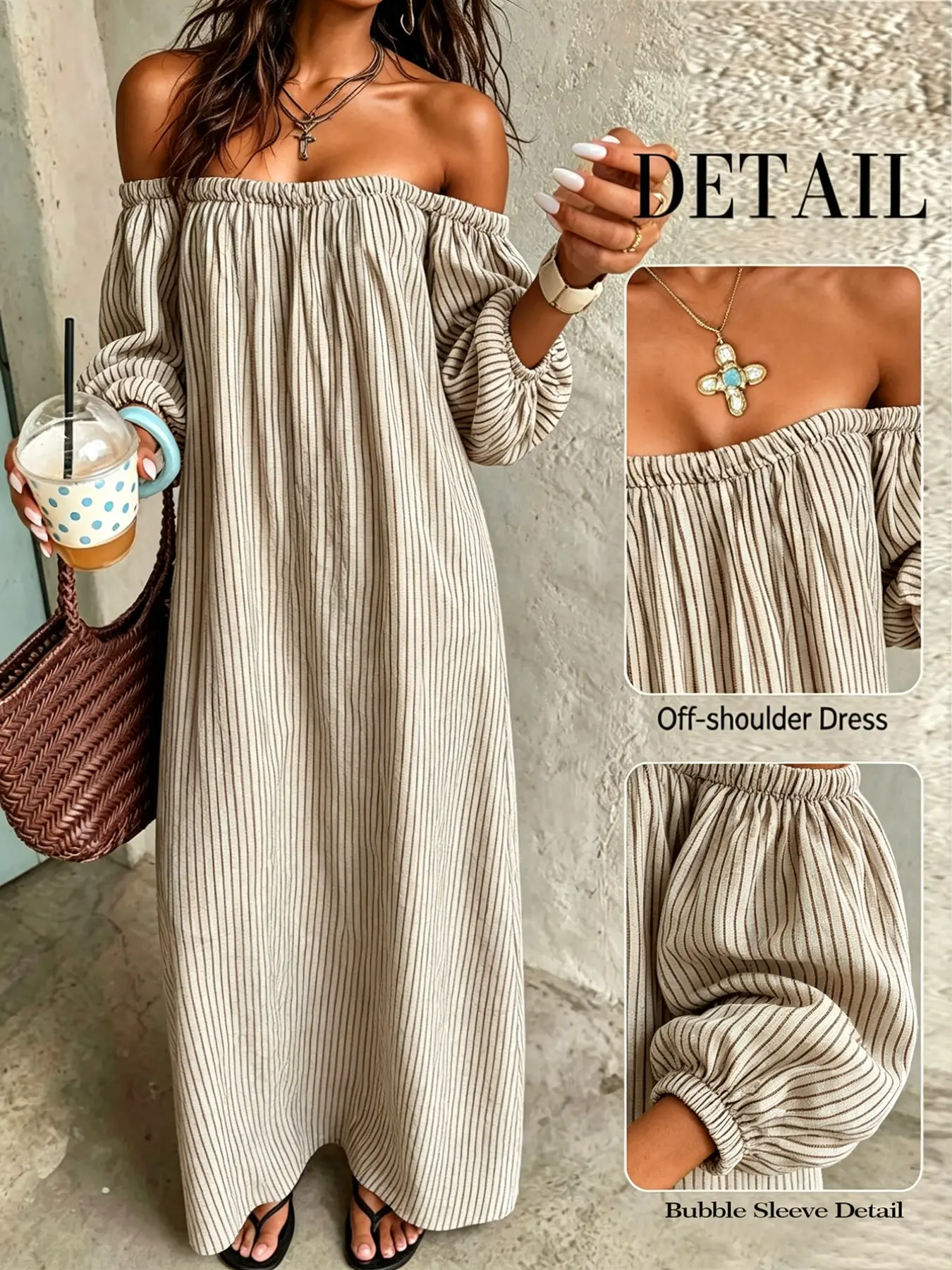 Boho Striped Off-Shoulder Long Dress for Women, Elastic Ruched Neck, Bubble Sleeves, Loose Fit, Casual Beach Travel Dress