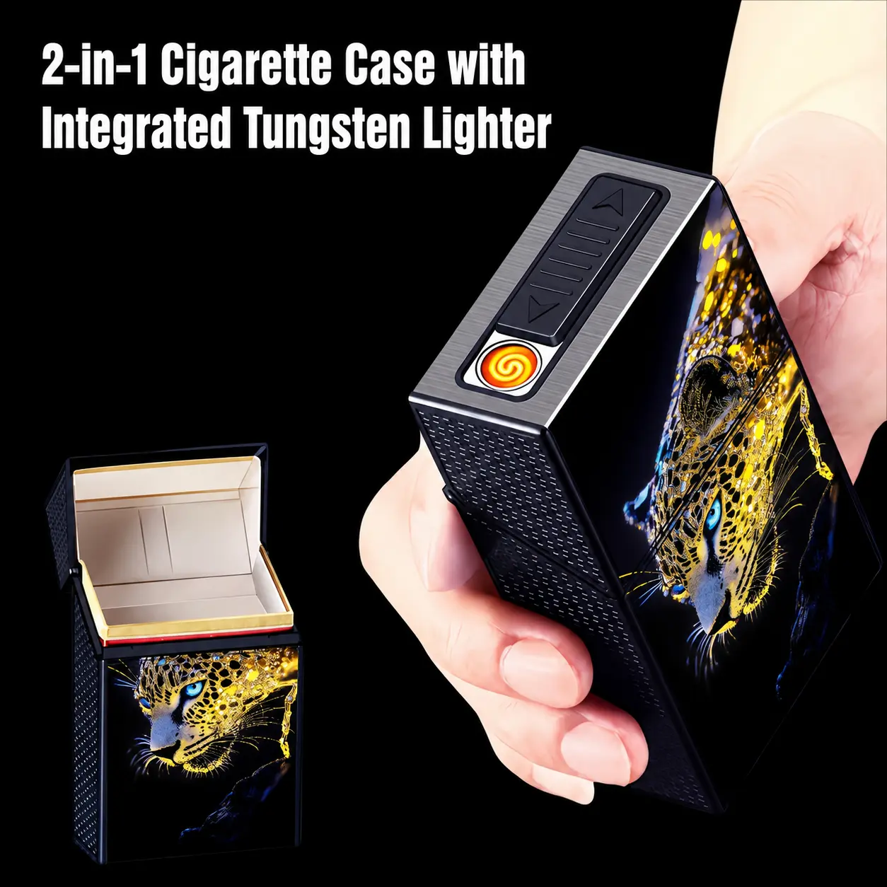 2-in-1 USB-C Rechargeable 20-Slot Storage Case with Built-In Tungsten-Wire Electronic Lighter, Double-Sided Golden Leopard Design, Windproof and Durable, Gift for Men on Father’s Day, Birthdays, or Christmas