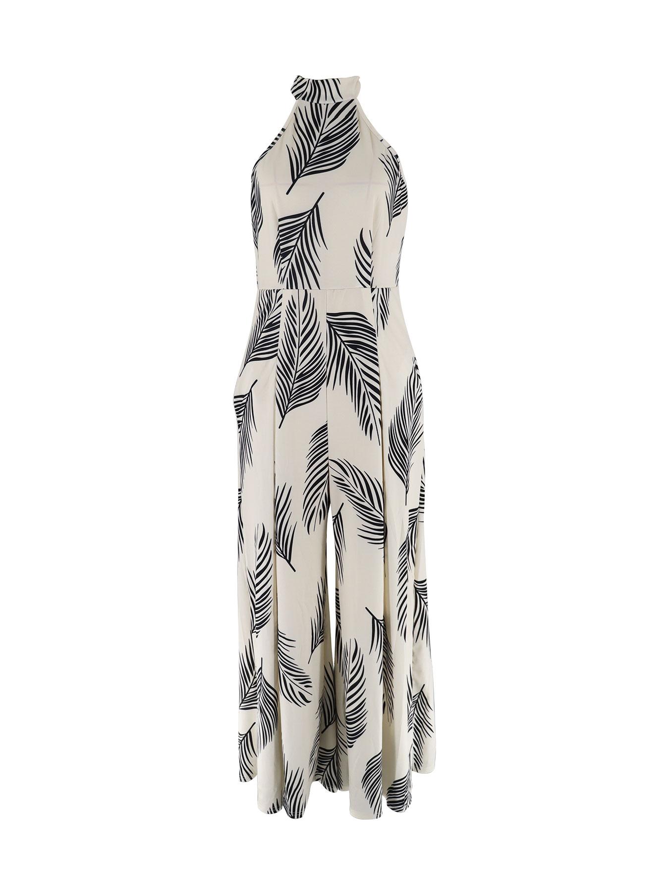 Women's All Over Print Pocket Tie Back Halter, Casual Sleeveless Wide Leg Elegant Fashion Jumpsuit For Summer, Fashion Ladies Clothes For Beach Holiday Vacation