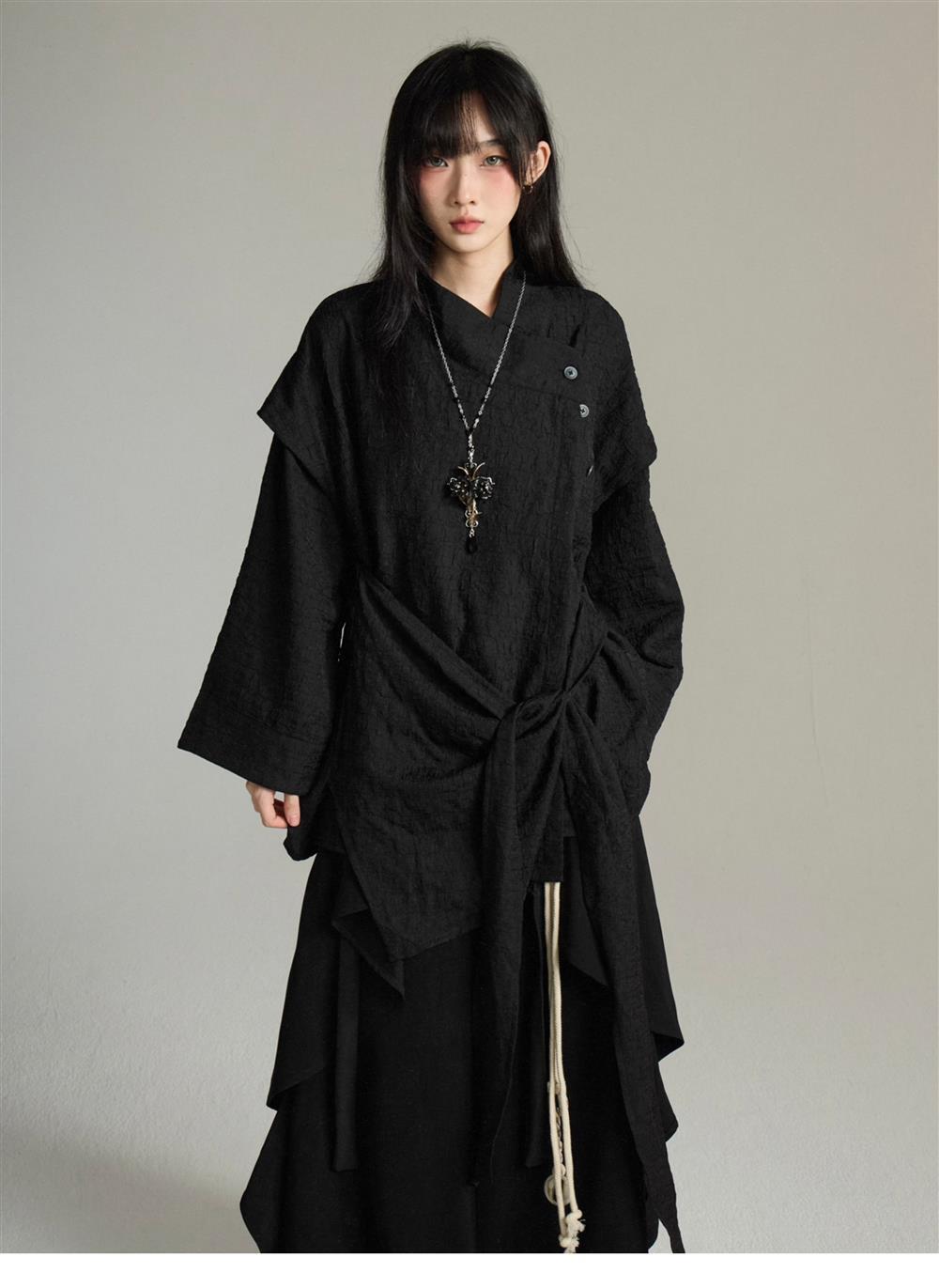 UMI MAO Irregular Lace Up Design Chinese Style Stand Up Collar Shirt Men Women Long Sleeved Shirt Fake Two-piece Top Y2K