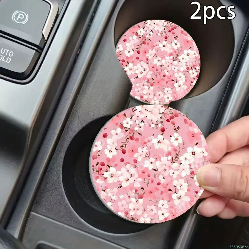 Soft Pink Cherry Blossom Floral Car Cup Coasters Set of 2 Round Water Absorbent Heat Insulation Cup Holder Mats Spring INS Boho Auto Interior Decor Accessories For Coffee Tea Mugs