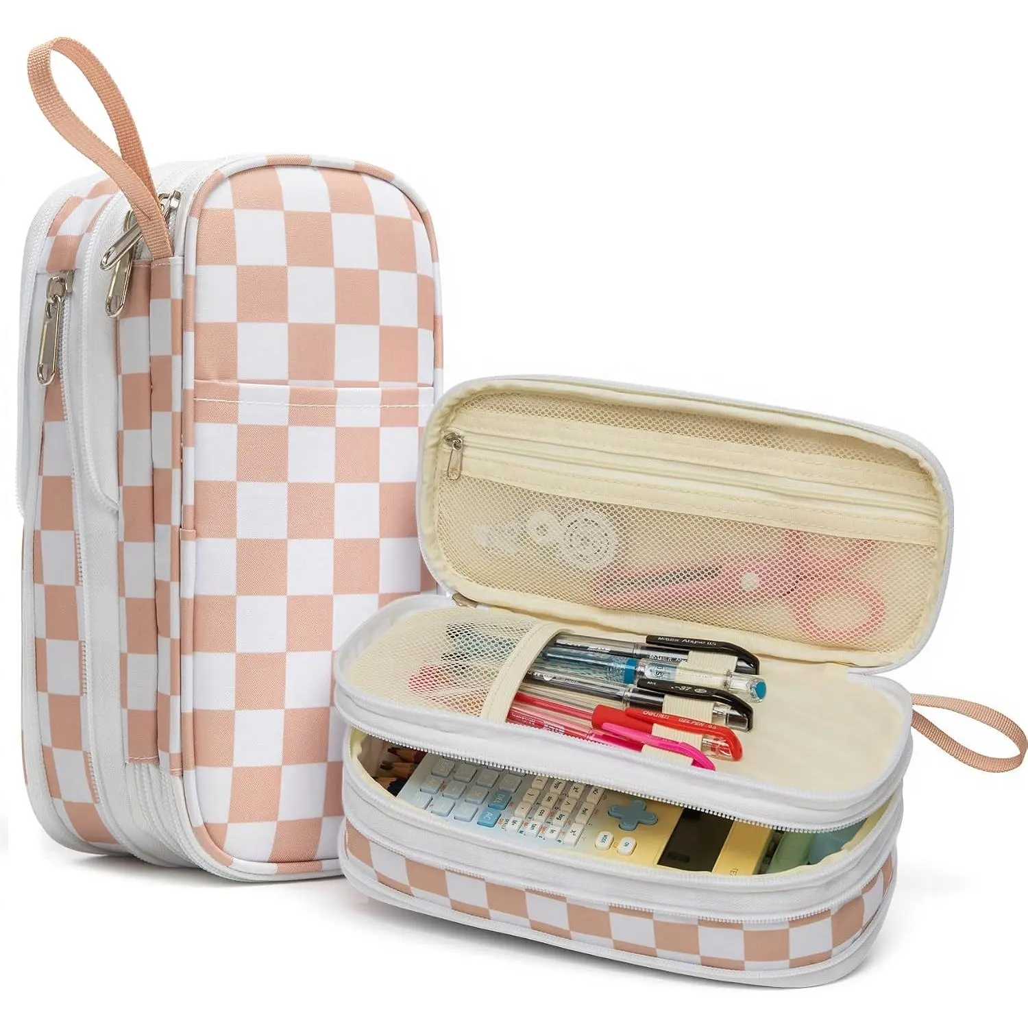 Cute Checkered Pencil Case for Girls Boys,Large Checkerboard Pencil Pouch with Foldable Zipper Compartment&Multi-Pockets,Big Capacity  Stationery Bag Aesthetic Pen Box For School Office