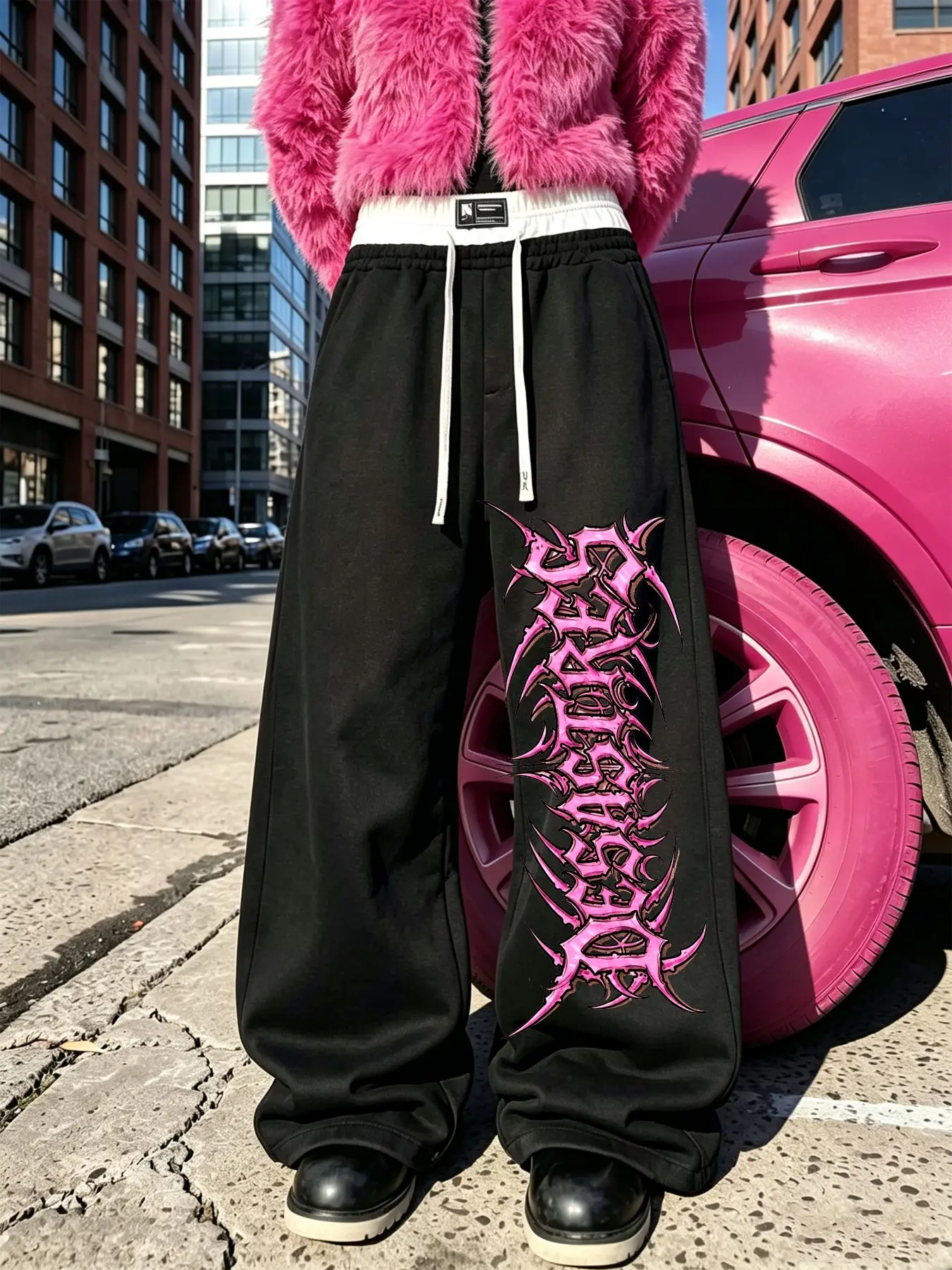 Men's Wide-Leg, Layered Sweatpants with a Gothic Spiked Pink Letter Print, Perfect for Everyday Wear or Hip-Hop Parties.