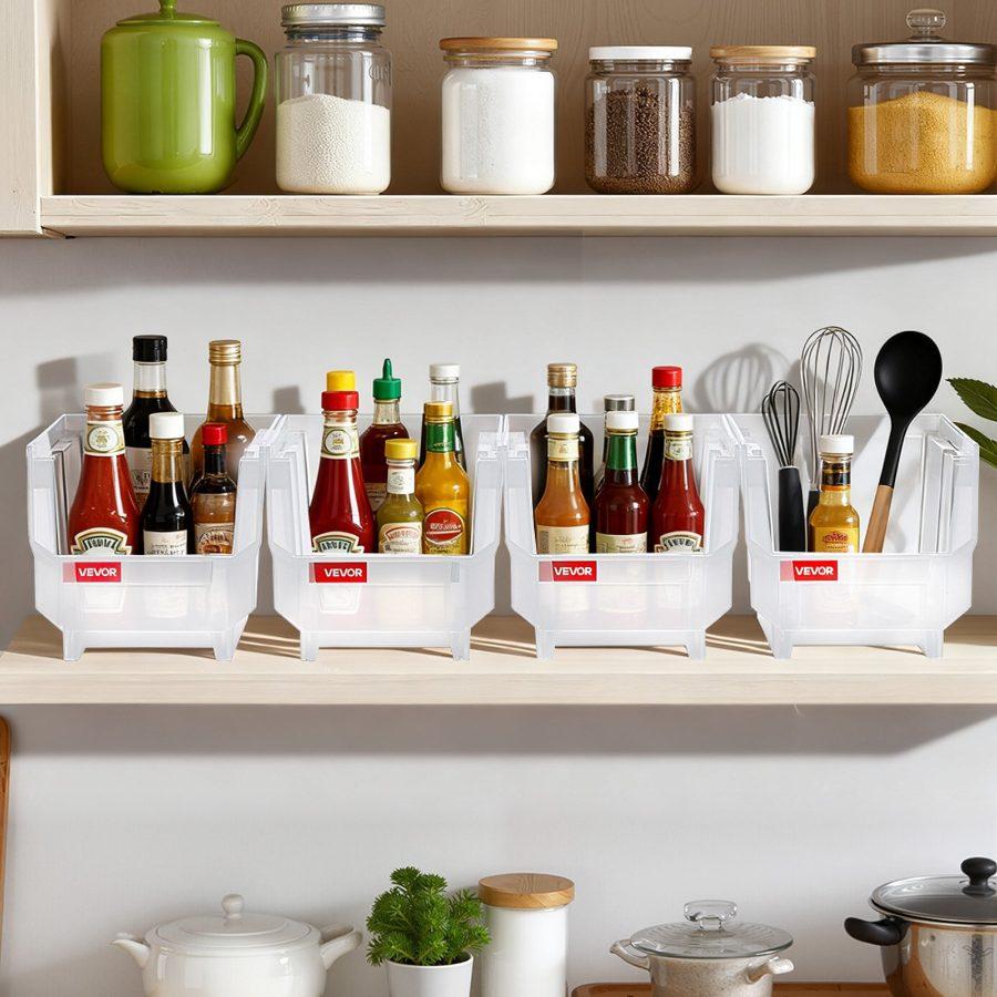 VEVOR Plastic Stackable Storage Bins, 10.9x 5.5x 5.1 inch (8 Pack), Plastic Containers for Organizing Storage Bins for Closet, Garage, Small Parts, Office Supplies, Other Accessories, Transparent