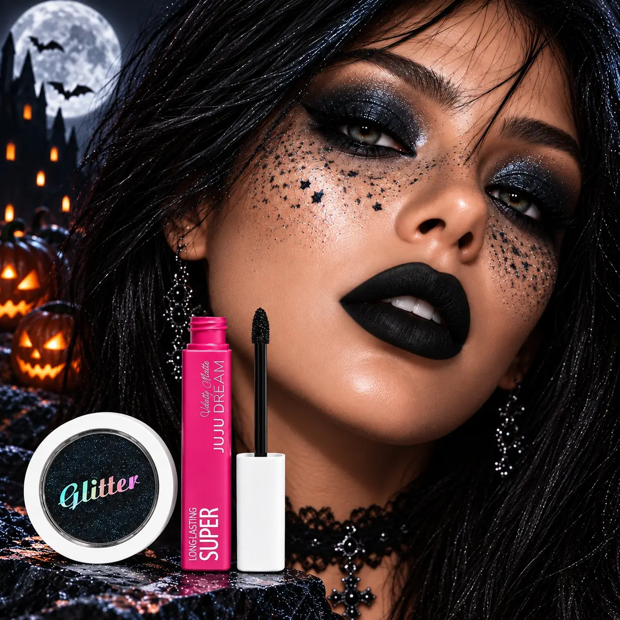 Create spooky goth makeup with this 2-piece makeup kit! Black glitter single eyeshadow with sparkling shimmer for smoky eye & face decoration, paired with midnight black matte liquid lipstick. Perfect for witch, vampire cosplay, rave & party. Makeup combo