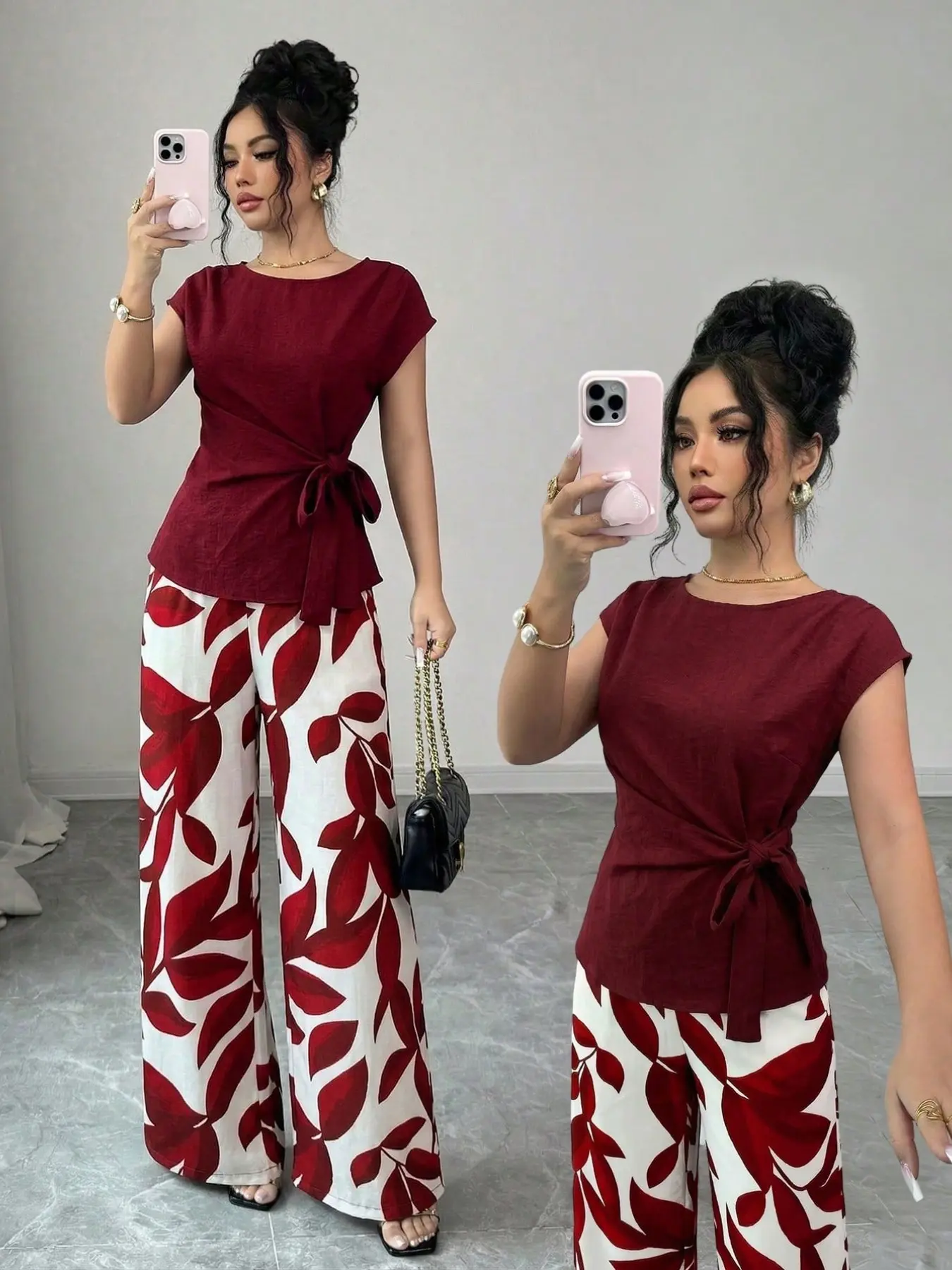 Women's Elegant Sleeveless Ruched Waist Top + Leaf Print Wide Leg Pants Set, Wine, Spring Summer, Casual Office Wear