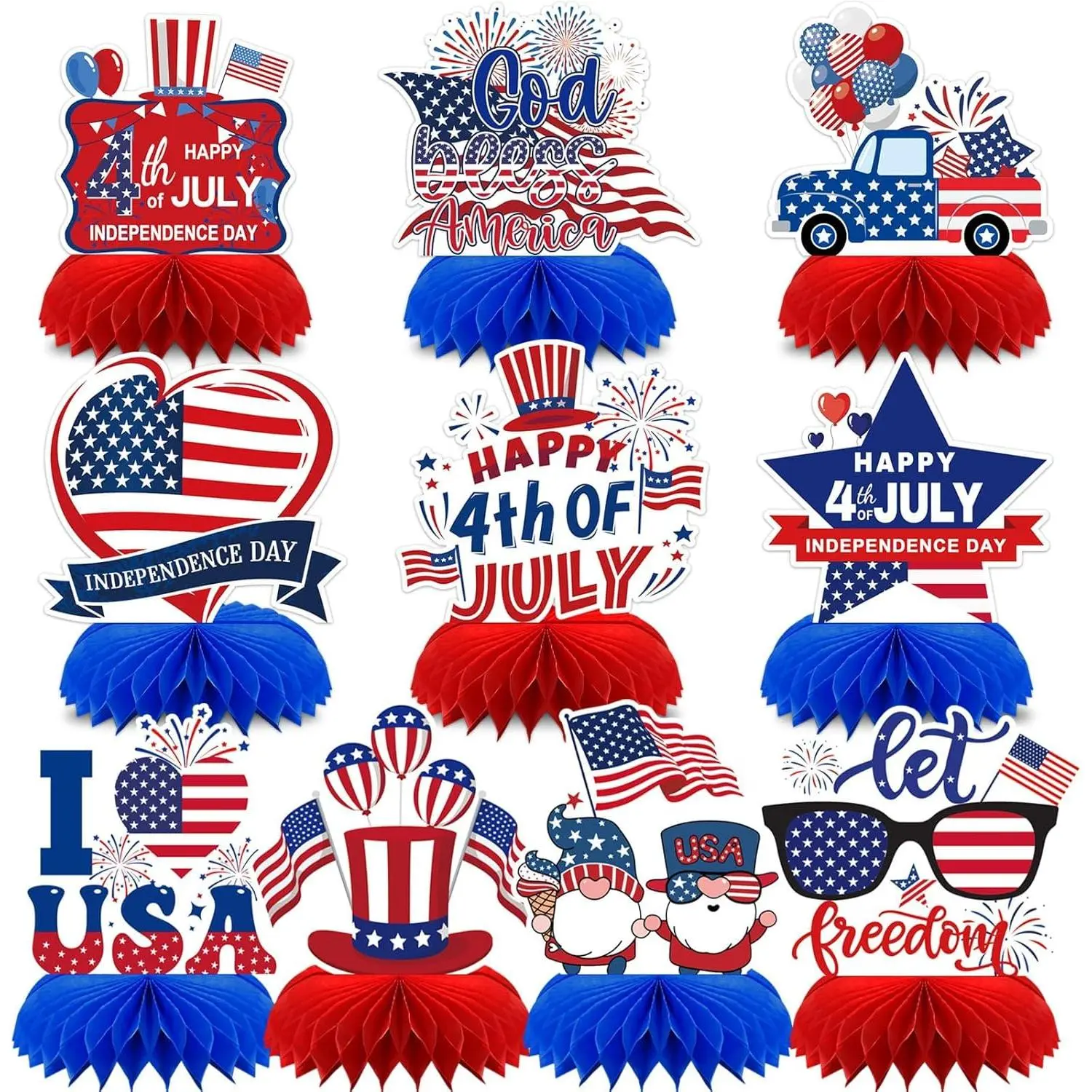 4th of July Table Centerpiece,10Pcs Patriotic Table Decorations Memorial Day Honeycomb Centerpieces for Table Blue Red 3D Centerpieces for Independence Day 250th Anniversary Party Decor