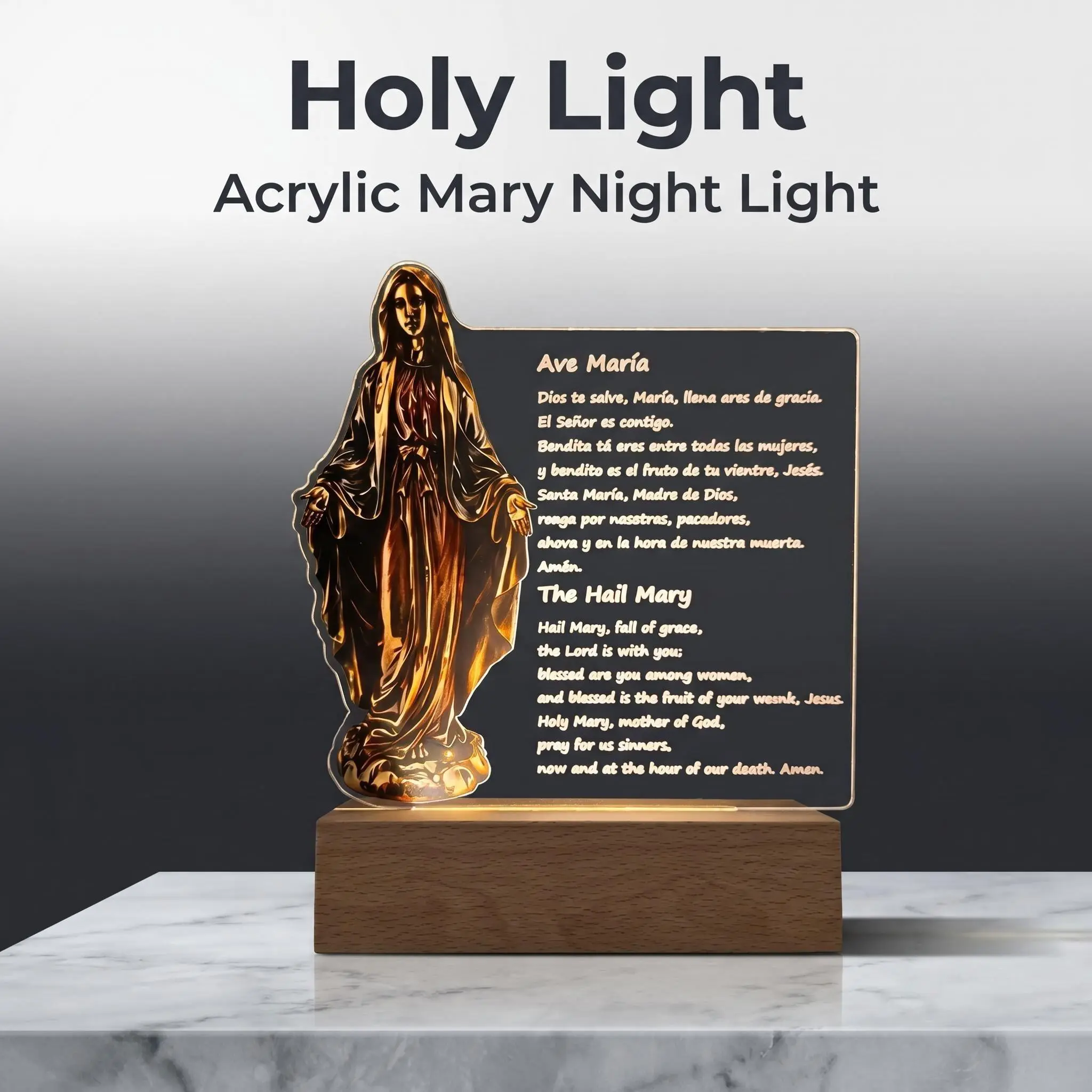 Holy Light Acrylic Virgin Mary LED Night Light - Portable Bilingual Hail Mary Prayer Lamp with Box, Christian Home Decor for Home Altar, Ideal for Thanksgiving Baptism Study Gifting