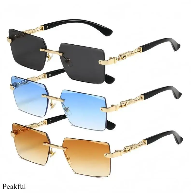 Y2K Rimless Sunglasses 3 Pack, Retro Square Gradient Shades, Leopard Detail Fashion Eyewear for Women & Men