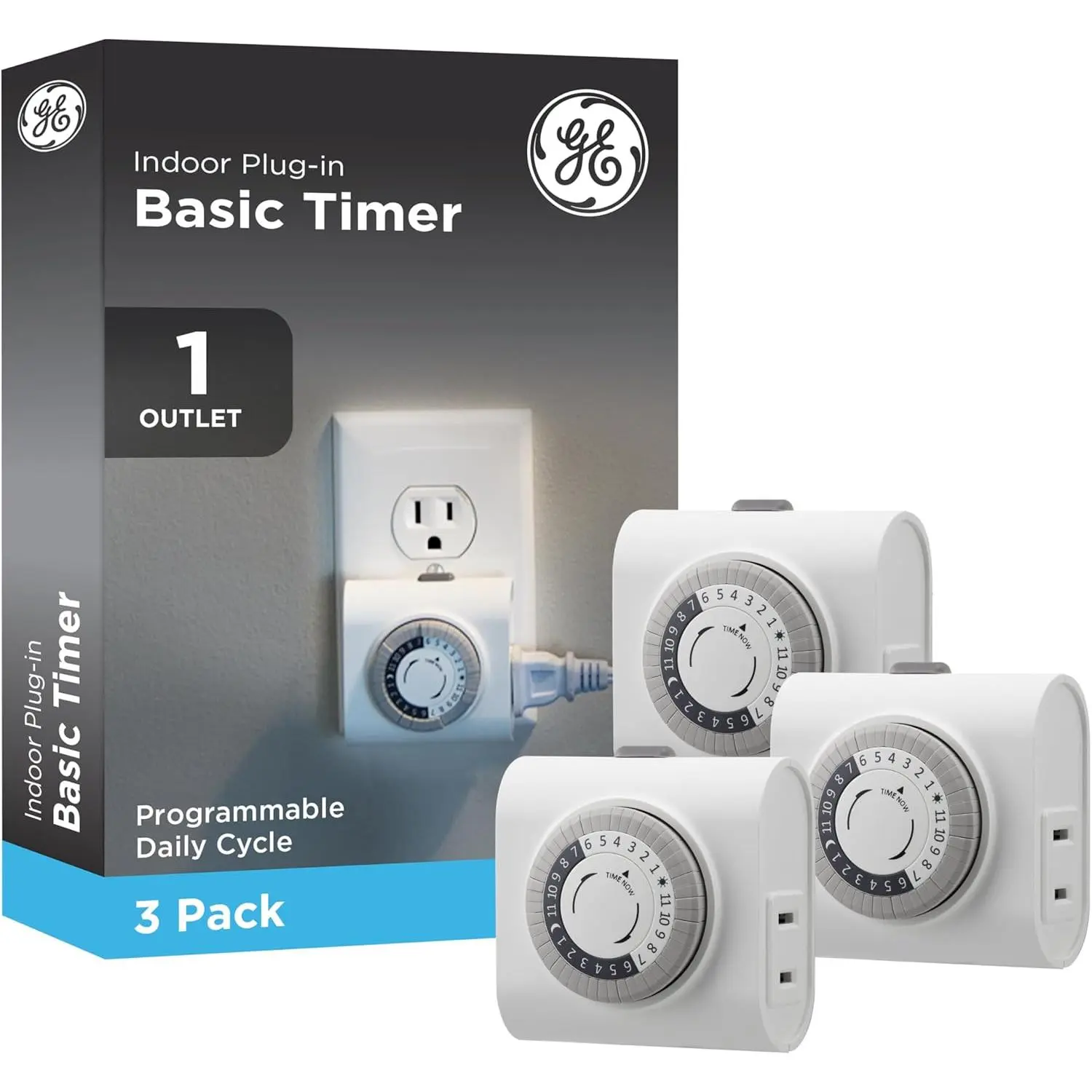 GE 24‑Hour Mechanical Outlet Timer Switch, Single Polarized Plug‑In Control for Indoor Lighting, Lamps, Christmas Trees and Seasonal Decor (3 Pack), 44801