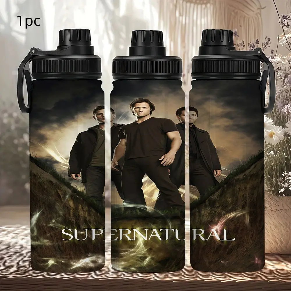 1pc 20oz 600ml 304 Stainless Steel Handheld Tumbler, Supernatural Winchester Brothers Character Poster With Magical‑Light‑Effect All‑Over Print Classic‑TV‑Show‑Themed Large‑Capacity Portable Tumbler