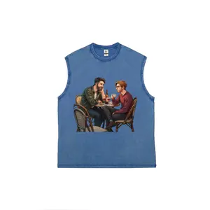 Unisex Distressed Washed Sleeveless Muscle Tank Top, Heartwarming Gay Couple Reunion Art Print Graphic Tank Shirts, Soft Breathable Casual Summer Streetwear Vest For Men Women Pride Festival Valentine Gift Sizes S to 5XL