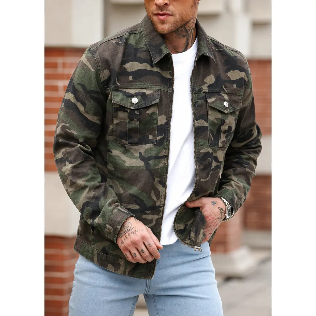Mens Retro Woodland Camo Trucker Jacket - Full-Zip Classic Lapel Heavy Cotton Menswear Coat, 2 Button-Flap Pockets Soft Military Streetwear for Casual Layered Outfits
