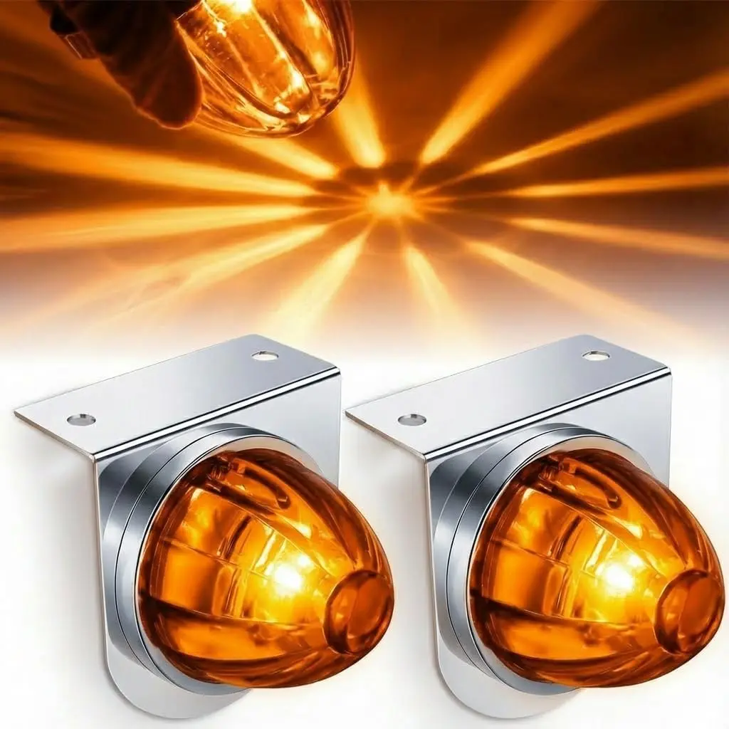 2PCS Amber LED Star Watermelon Side Marker Lights with Brackets Indicator for Semi Truck, Solid Amber, Star Shape, Metal Bracket, Truck Use