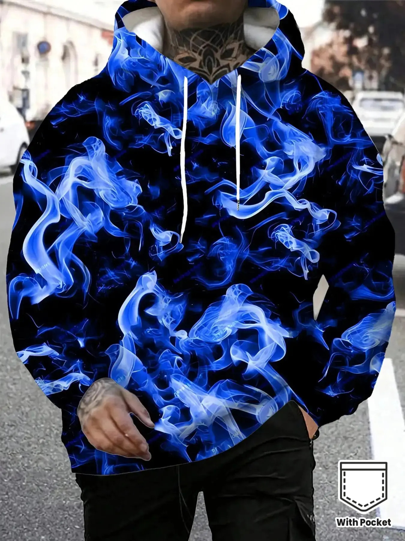 Men's Blue Flame Smoke 3D Print Hoodie, Streetwear Long Sleeve Sweatshirt with Pockets, Loose Fit Casual Pullover for Men
