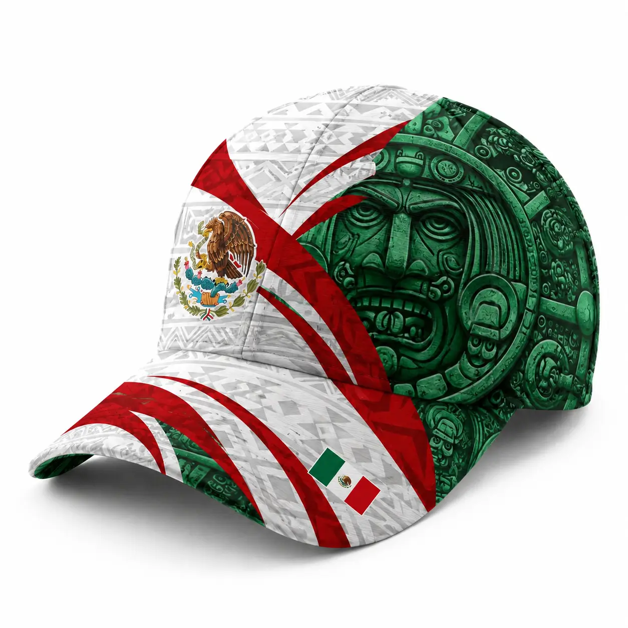 Mexico-Inspired Eagle Baseball Cap for Men Women, White Green Red Curved Brim Hat with Heritage Geometric Graphic Print, Lightweight Polyester Fabric, Unisex Casual Streetwear Travel Festival Cap