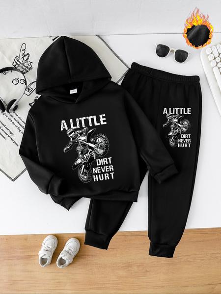 Boys' Fall & Winter Fashion Hooded Sweatshirt Set, Thick Anime Motorcycle Print Pullover, Casual Fitted Pants, Perfect Outdoor Wear