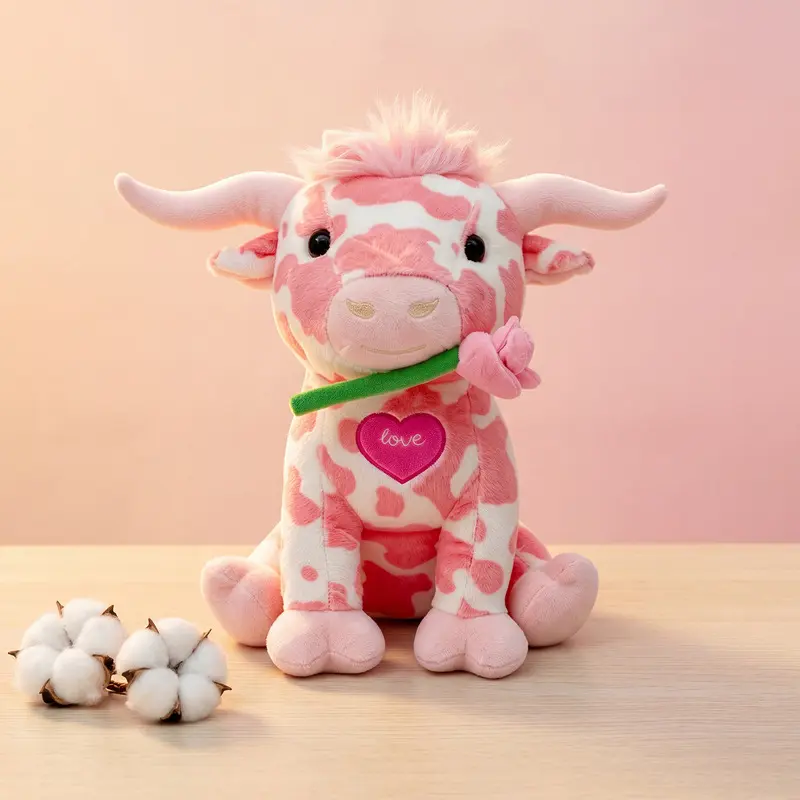 DOWMOO 45cm Scottish Highland Cow Plush Toy Pink - Soft and Fluffy Stress Relief Cuddly Doll with Adorable Design