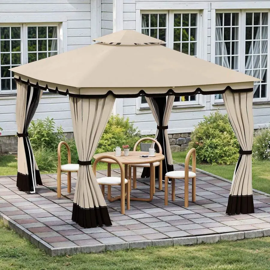 10'x12' Outdoor Canopy Gazebo Double Roof Patio Mosquito Netting Curtain UV Protected, Waterproof, Weather Resistant
