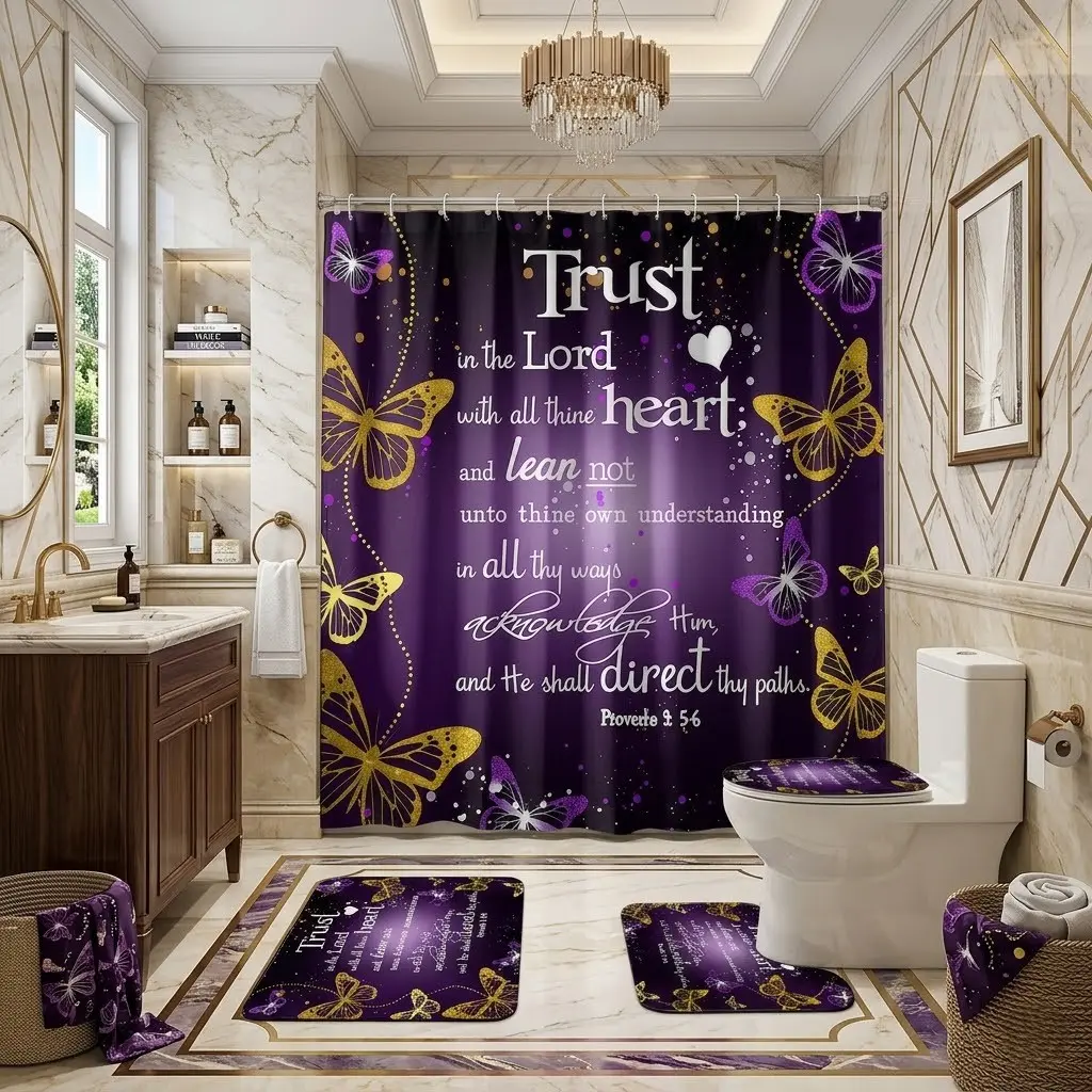 4pcs Luxury deep purple glitter with gold butterfly religious scripture shower curtain bathroom set, thicker and softer bath mat fabric! Complete set with matching bath mat and toilet lid cover, an elegant faith gift, perfect choice for bathroom decor