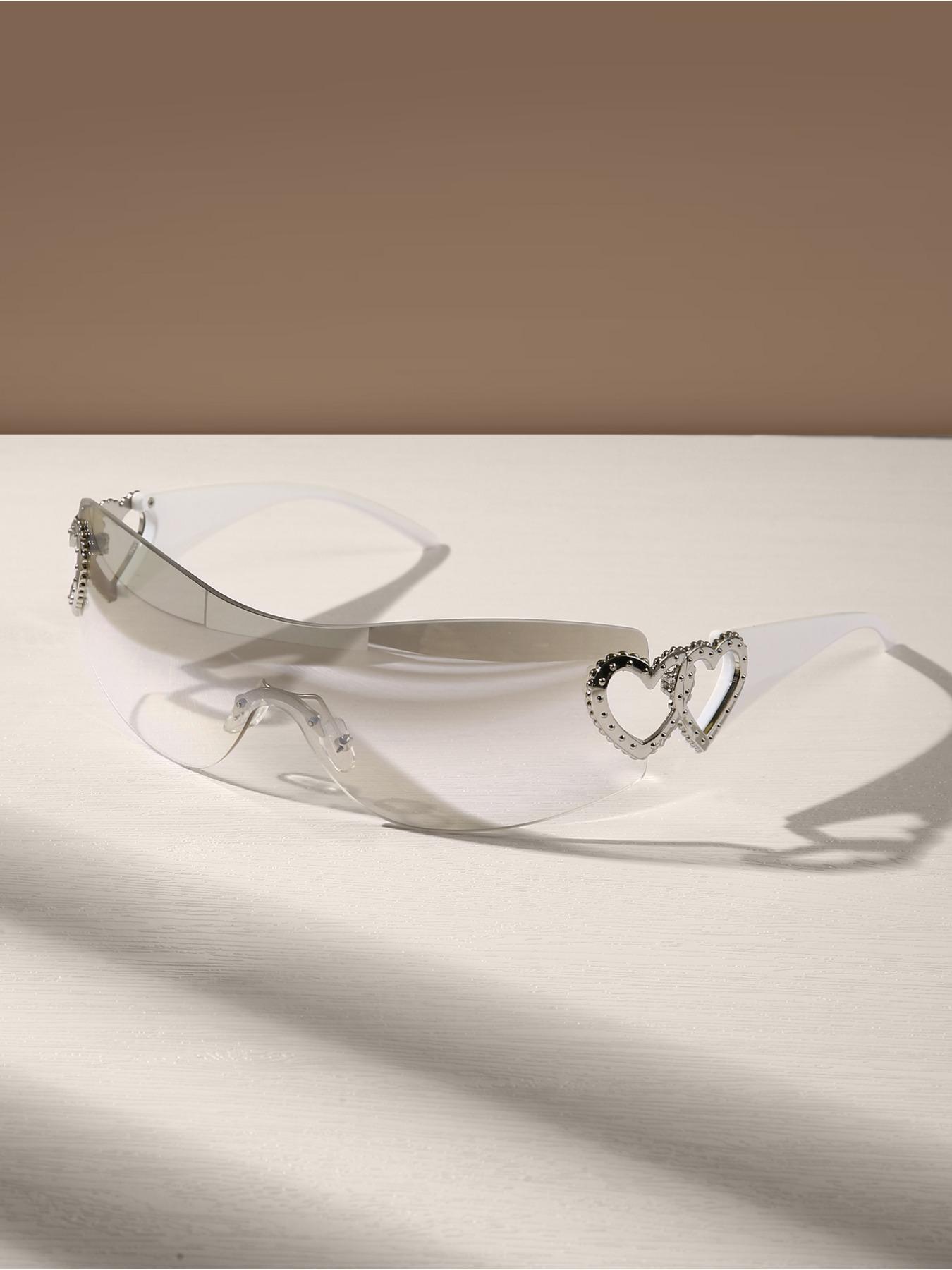 Unisex Street Style Heart Decor Rimless Sunglasses, Trendy Y2K Eyewear for Everyday Use, Fashion Accessories for Outdoor and Beach Activities, Street Style Shades