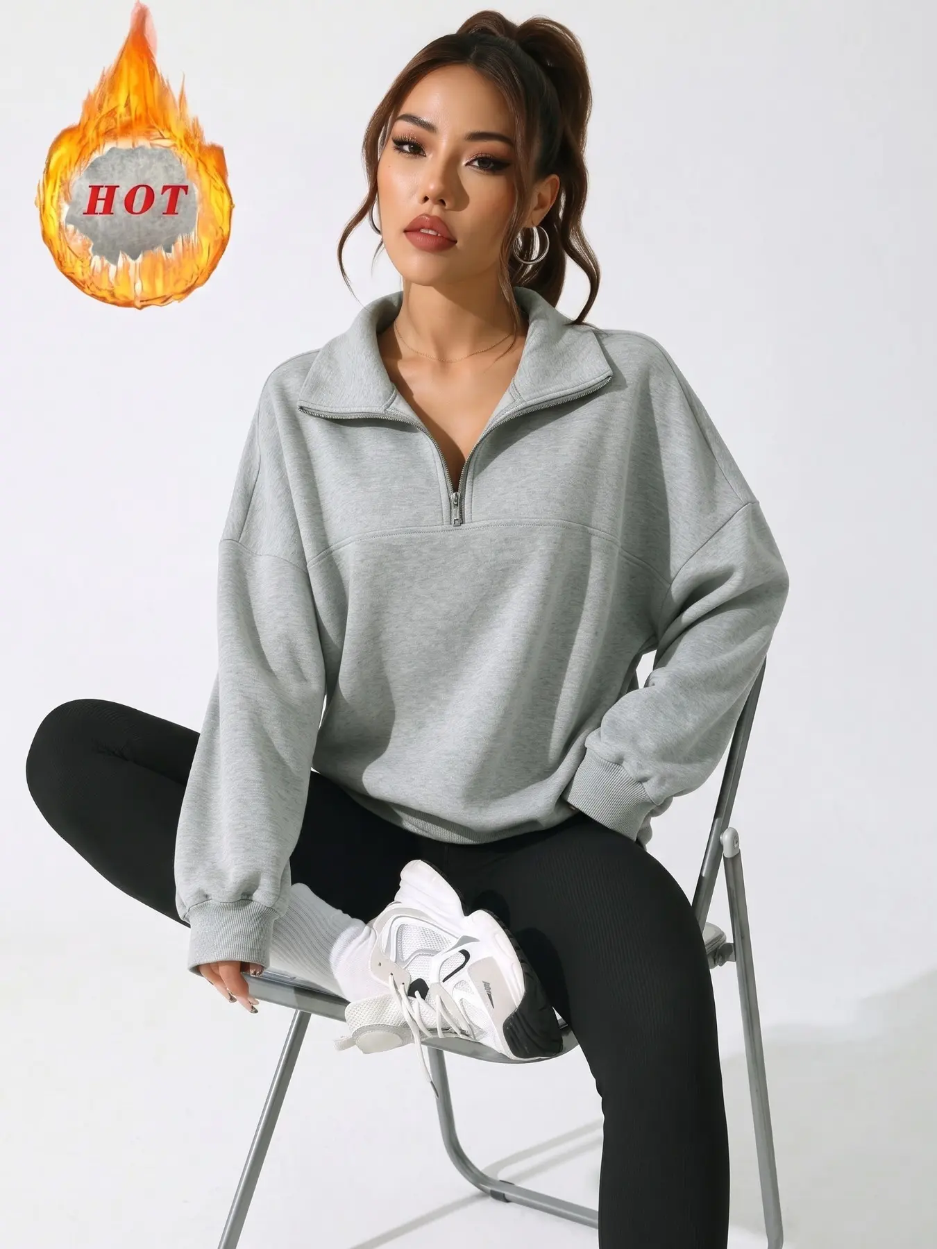 Heather Gray Oversized Drop Shoulder Mock Neck Sweatshirt with Fleece, Y2K/Loungewear/Gym/Streetwear Quarter Zip Pullover, Long Sleeve Rib Cuff Casual Fall Solid Color Basic Top for Women, Trendy Loose Fit Aesthetic OOTD Daily Workout Layering Sweater