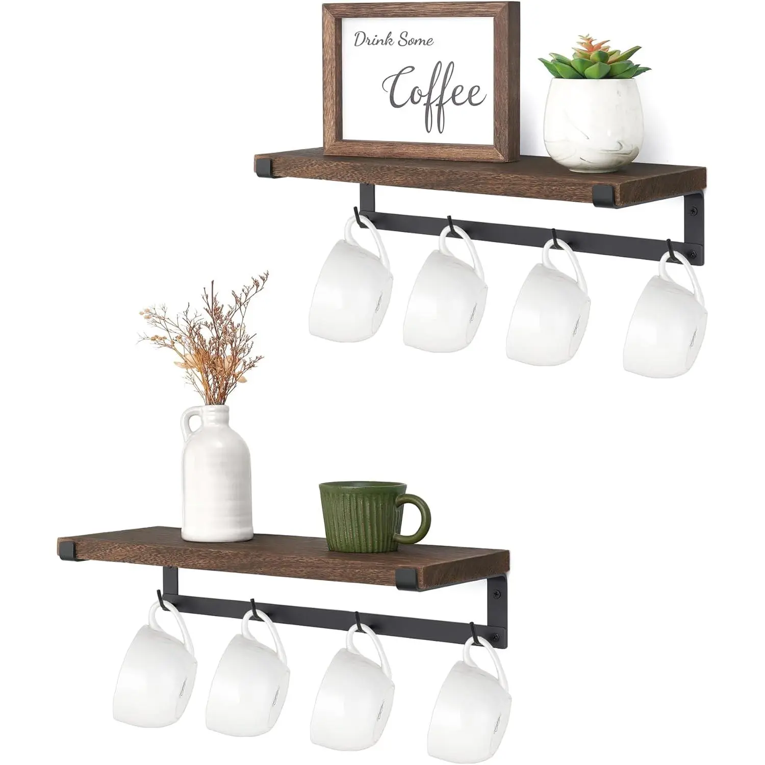 Dahey Wall-Mounted Wood Mug Holder Rack with Hooks (Set of 2) - Rustic Floating Shelves, Coffee Bar Organiser, Hanging Storage for Kitchen Utensils, Home Decor Gift, Brown