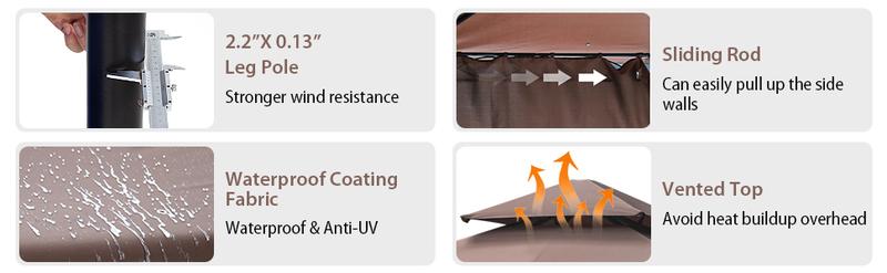 FDW 10'x13' Outdoor Patio Gazebo Heavy Duty Steel Frame Canopy with Double Roof, Privacy Curtains, for Garden, Backyard, and Lawn (Brown)