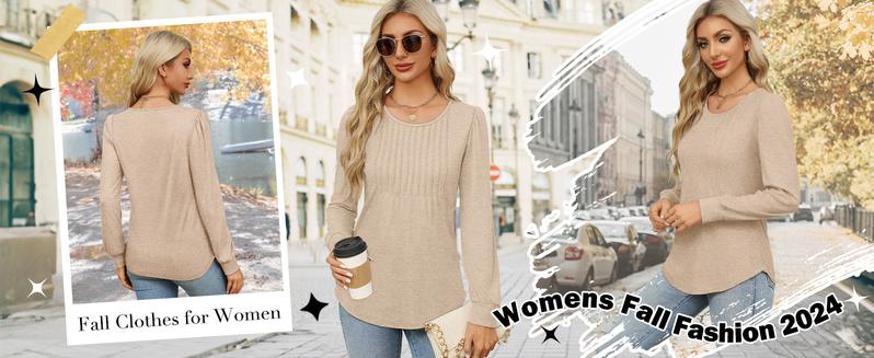 WIHOLL Long Sleeve Shirts for Women Fall Tops Dressy Casual Blouses Pleated Scooped Neck Tunic Tops for Leggings