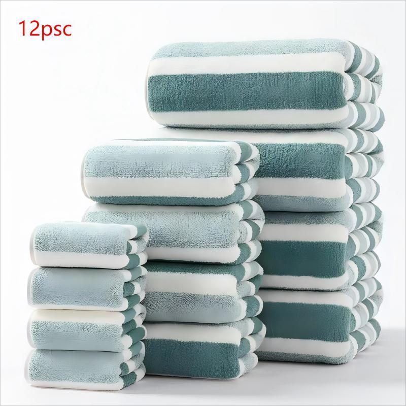 Striped Pattern Premium Towel Set, 1 Set Including 4 Counts Bath Towel & 4 Counts Hand Towel & 4 Counts Face Towel, Quick Drying Water Absorbent Towel for Home, Hotel & Spa, Absorbent Thickened Towels