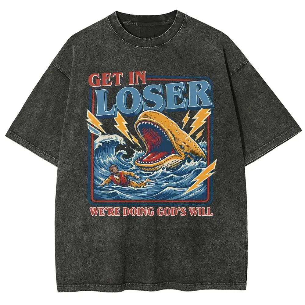 Vintage Washed Black T-Shirt Christian Faith Inspired Funny Ocean Whale Graphic Tee Oversized Casual Streetwear Top for Men Women