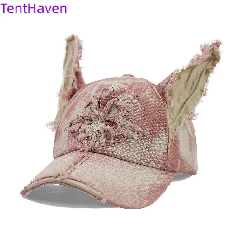 2026 new standing dog ear adjustable baseball cap, four season retro hip-hop washed hole casual versatile duckbill cap