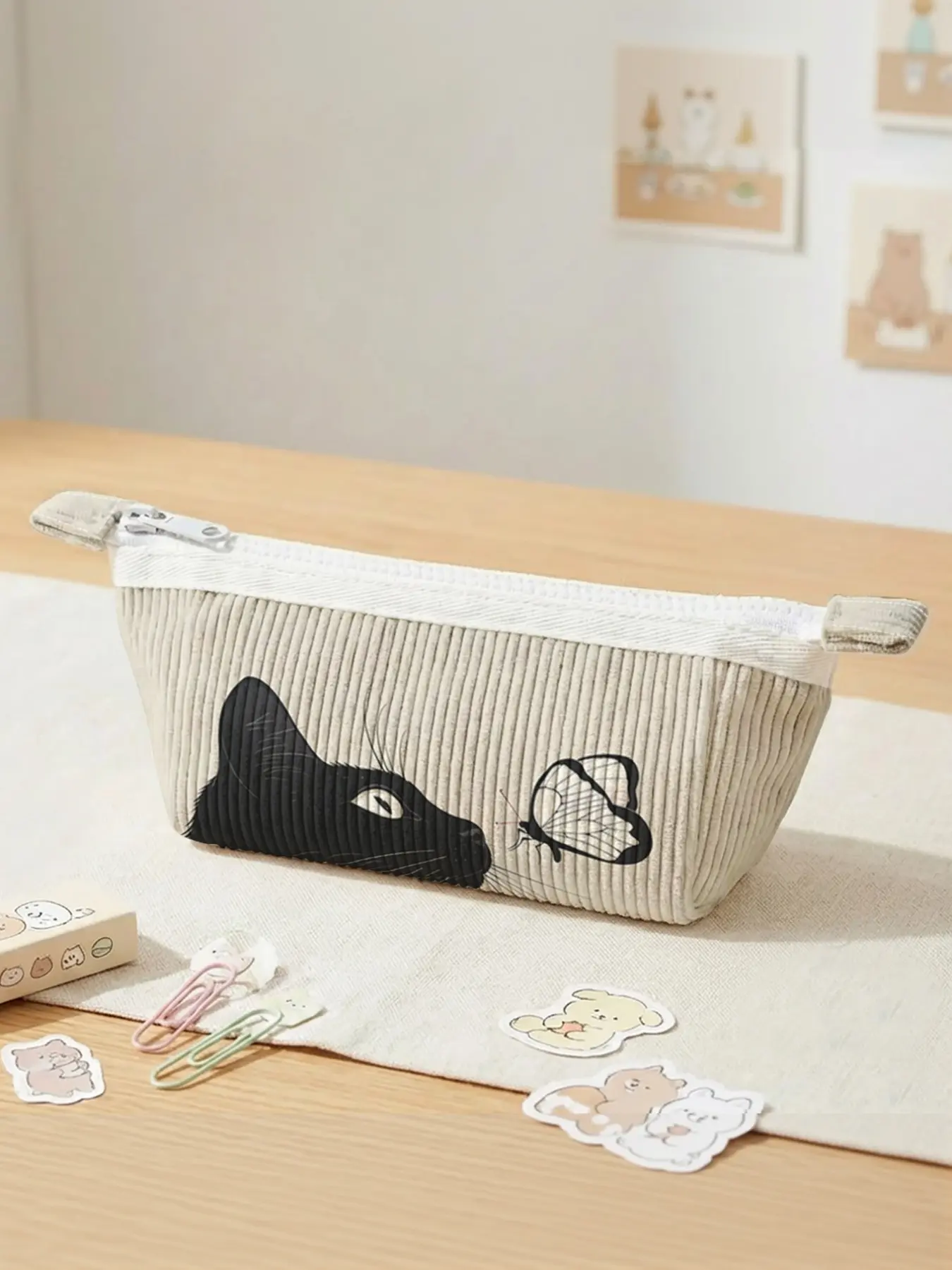 Cat and Butterfly Pencil Case, Fun 2D Print, Velvet Material, Large Capacity, Organize School Supplies, Office Use, Durable Design