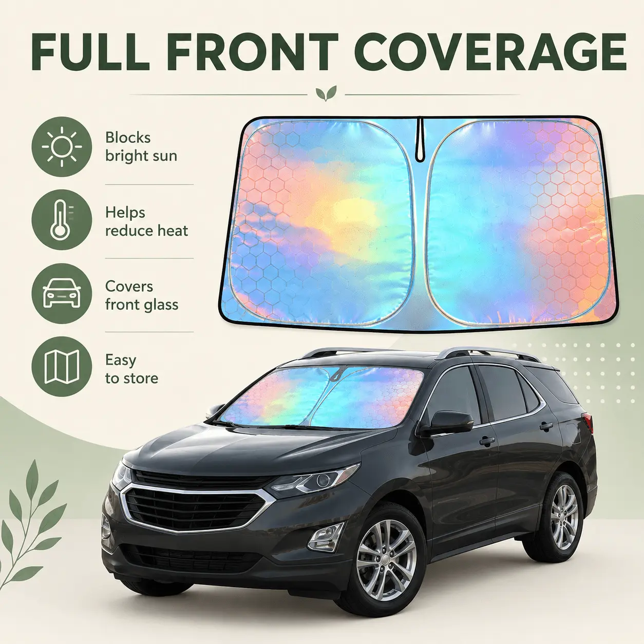 Foldable Front Glass Sun Cover for Chevrolet Equinox, Diamond Pattern Iridescent Windshield Shade for Outdoor Parking, Helps Protect Dashboard, Display Screen and Seats from Fading, Lightweight Design with Carry Bag