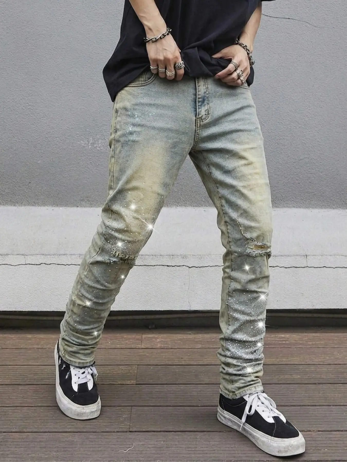 Mud Washed Wrinkle Rhinestone Ripped Denim Jeans Streetwear, American High Street Micro Elastic Skinny Long Pants, Dual Knee Frayed Cut Design