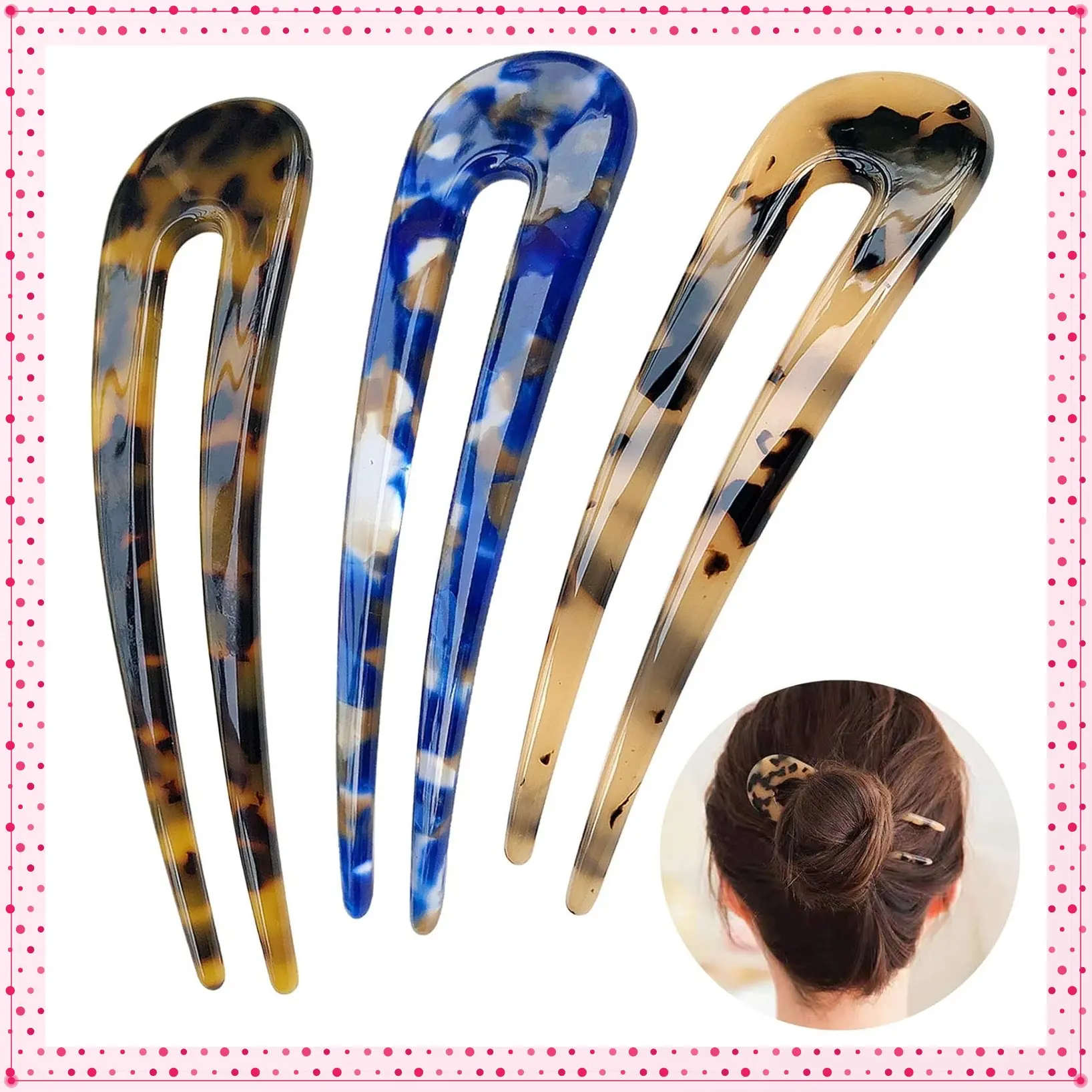 French U Shape Hair Forks Tortoise Shell Updo Hair Pins Clips for Thin Thick Hair, 4.3 Inch Classic Cellulose Acetate 2 Prong Bun Hair Sticks Chignon Vintage Hairstyle Accessories for Women, 3 PackGift