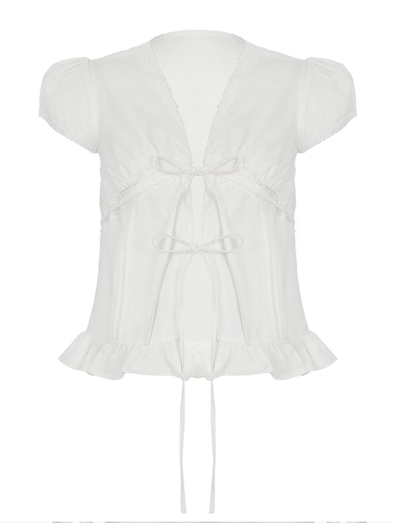 Women's Plain Lace Trim Tie Front Blouse, Casual Puff Sleeve Top for Summer, Women's Clothing for Daily Wear