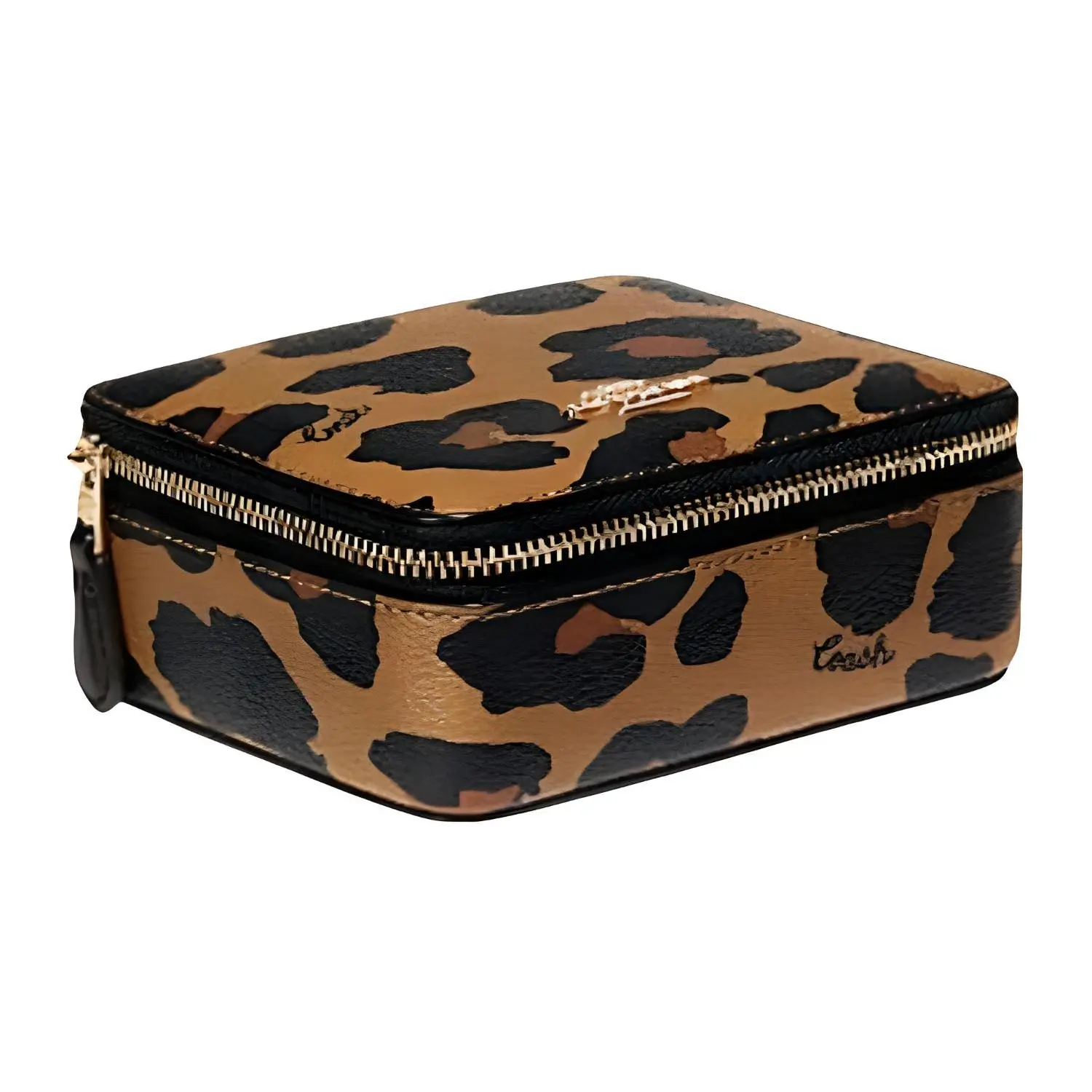 COACH Leopard-Print Zip Jewelry Box for Women – Canvas and Smooth Leather Mini Cosmetic Case in Black and Brown